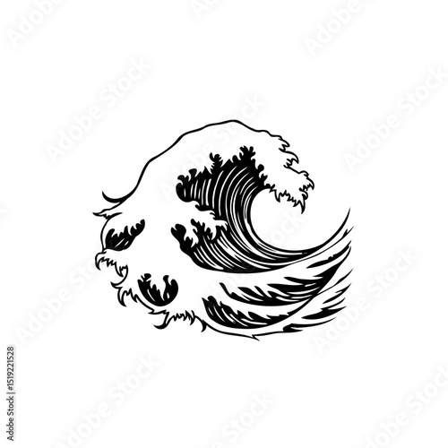 Captivating Black and White Illustration of a Dynamic Ocean Wave, Perfect for Design