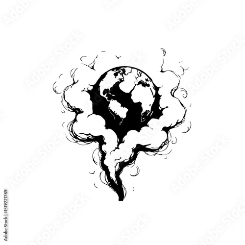Monochrome depiction of earth surrounded by pollution, illustrating environmental degradation