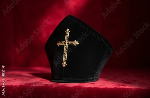 Black bishop mitre hat with gold embroidered cross resting on red velvet fabric, captured in dramatic lighting symbolizing ecclesiastical authority