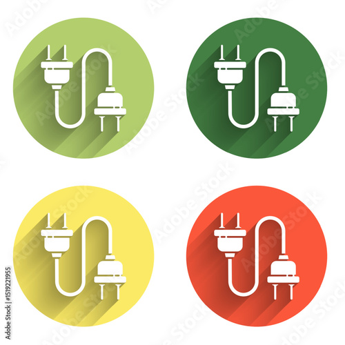 Set Electric plug icon isolated with long shadow background. Concept of connection and disconnection of the electricity. Color circle button. Vector