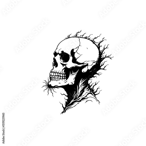 Monochrome skull illustration featuring intricate details and an eerie, unsettling atmosphere