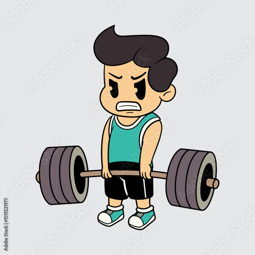 A Funny Boy athlete deadlifting a heavy barbell for fitness and muscle building in a retro cartoon character mascot illustration