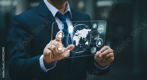 A close-up view of a businessman in a suit interacting with a transparent holographic interface.