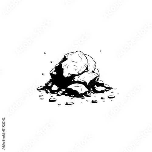 Detailed black and white sketch of a rock pile, representing natural formations
