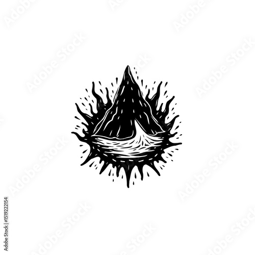 Monochromatic mountain peak above wavy river in artistic burst illustration style