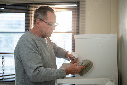 Old white man with glasses spraying a cleaning liquid on cloth rag wiping the dust off in his room.