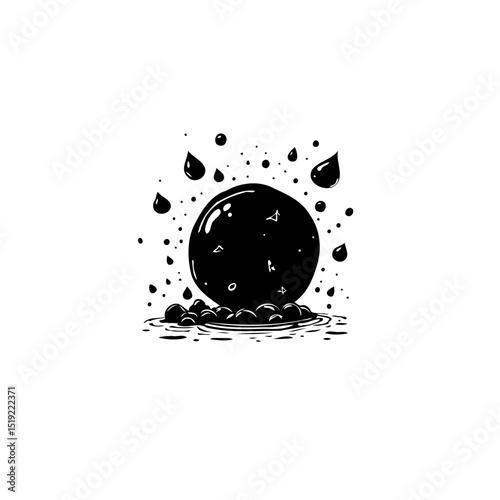 Abstract black sphere surrounded by floating droplets in a minimalist design
