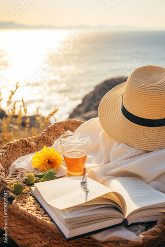 Woman on the beach. Hat, book and sunset on the beach.