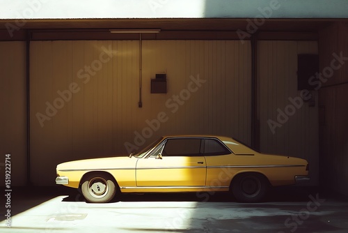 A pale yellow car parked diagonally in a simple garage with sunlight streaking in  photo