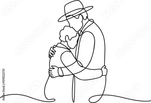 Continuous one line drawing of senior couple hugging, elderly man and woman in love, minimalist vector illustration on white background

