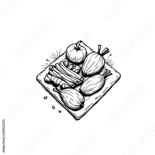 Monochrome culinary still life drawing of assorted spices and ingredients