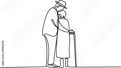 Continuous one line drawing of senior couple hugging, elderly man and woman in love, minimalist vector illustration on white background

