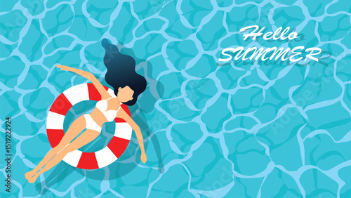 Hello! Summer banner vector illustration, young girl lying on rubber ring floating on water. vector