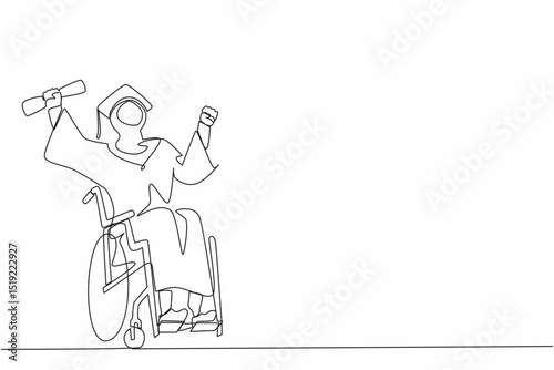 Continuous one line drawing disabled bachelor, inclusive education concept. Young happy Arab woman graduate master holding diploma in hand sitting in wheelchair. Single line draw design vector graphic
