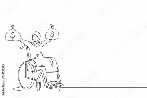 Continuous one line drawing Arab businesswoman holding dollar money bag. Disability insurance benefit payments for disabled wheelchair woman. Protection program. Single line draw design vector graphic