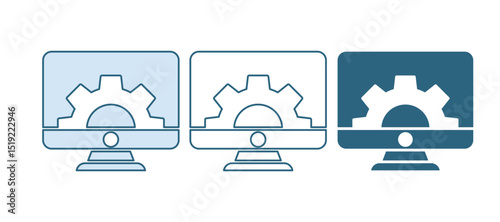 Blue Computer monitor and gear icon isolated on white background. Adjusting, service, setting, maintenance, repair, fixing. Vector