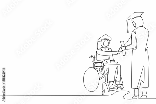 Single one line drawing disabled Arabian woman student receiving graduation from university rector. Disability bachelor, inclusive education. Continuous line draw design graphic vector illustration