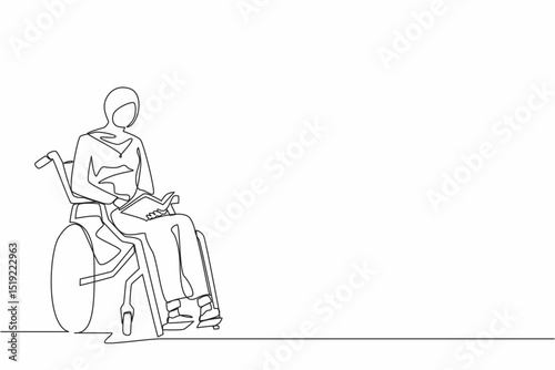 Continuous one line drawing young positive student disabled reads book while sitting in wheelchair. Disability Arabian woman studying in college. Single line draw design vector graphic illustration