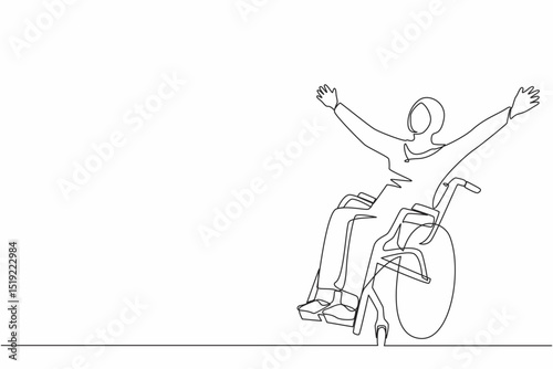 Continuous one line drawing Arabic woman sitting in wheelchair, raising hands in happiness, rehabilitation concept. Happy young woman in wheelchair. Single line draw design vector graphic illustration