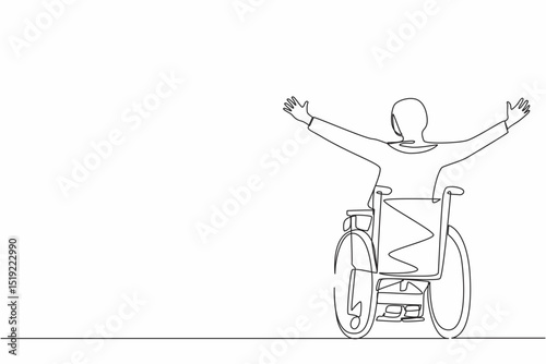 Single continuous line drawing back view Arab businesswoman sitting in wheelchair, raising arms in happiness, rehabilitation. Happy person raising her hands up for joy. One line graphic design vector