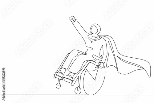 Single one line drawing disable Arabian woman sitting in wheelchair character concept. Superhero with disability, power of mind. Never give up. Continuous line draw design graphic vector illustration