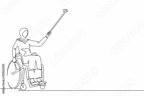 Continuous one line drawing Arabian female young wheelchair user taking selfie with phone and stick. Society and disabled people community concept. Single line draw design vector graphic illustration