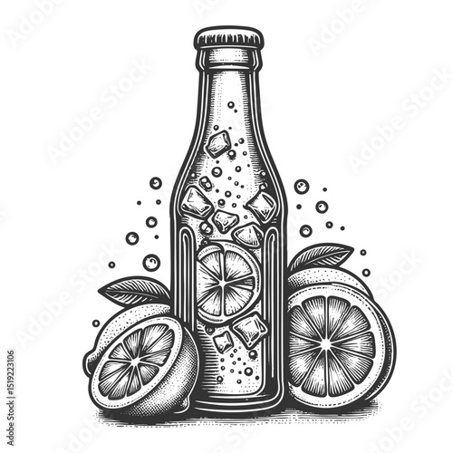 soda bottle surrounded by lemon slices and fizzy bubbles, evoking refreshing summer drink vibes sketch engraving generative ai vector illustration. Scratch board imitation. Black and white image.
