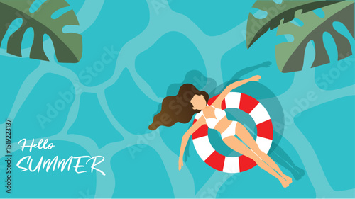 Hello! Summer banner vector illustration, young girl lying on rubber ring floating on water.