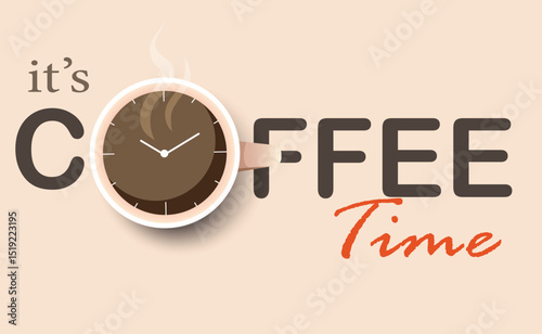 it's coffee time concept,  Coffee or tea break. clock with cup of coffee. Coffee time. vector, illustration