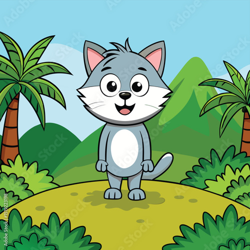 a-smiling-cats-stands-on-the-hill-inside-the-jungl.eps