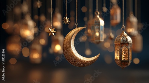 Golden crescent moon and stars hanging with blurred lanterns in the background for ramadan kareem photo
