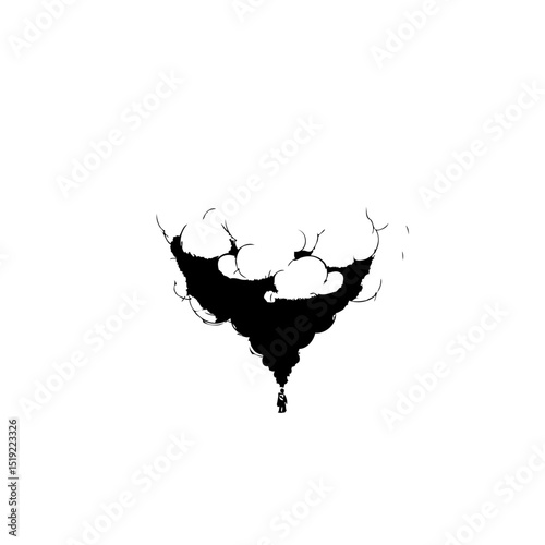 Monochromatic Floating Island Silhouette with Suspended Tiny Figure on a White Void
