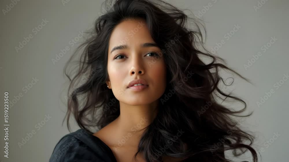 Confident woman with tousled wavy hair looks forward as wind moves strands around her calm expression