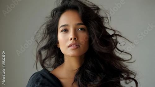 Confident woman with tousled wavy hair looks forward as wind moves strands around her calm expression