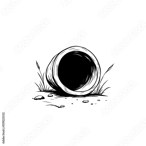 Monochrome depiction of an open-ended pipe in a natural setting illustration