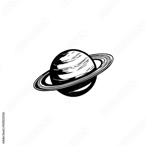 Striking black and white illustration of Saturn showcasing its iconic rings gracefully