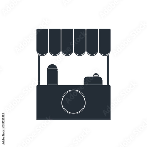 Black Street stall with awning and wooden rack icon isolated on white background. Kiosk with wooden rack. Vector