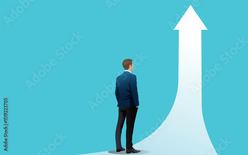 Back view Businessman standing and looking arrow  forward on  white background. vector, illustration