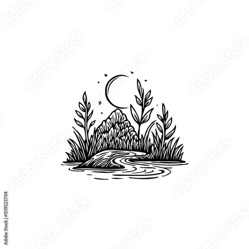 Monochrome scenic landscape illustration featuring a river mountain moon and vegetation