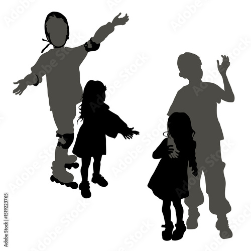 Vector silhouettes of children, boy and girl, boy on roller skates, kids standing next to each other, holding hands