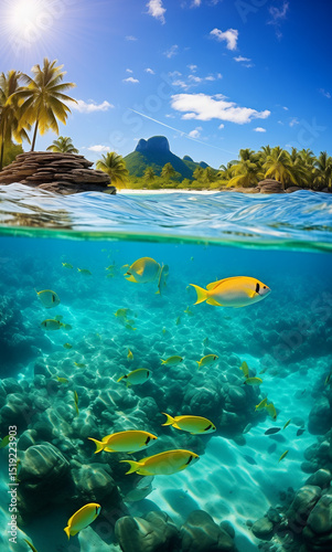 tropical paradise island with fishes and uder water world