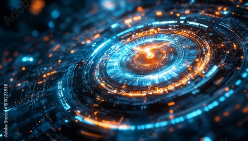 A blue and orange circle with a clock in the center