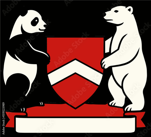 coat of arms with rampant polar bear and panda Vector logo
