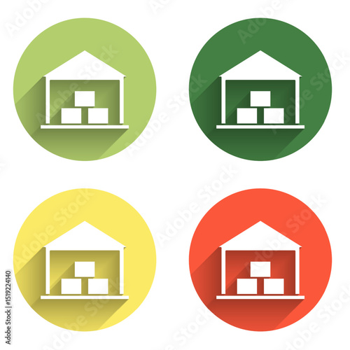 Set Warehouse icon isolated with long shadow background. Color circle button. Vector