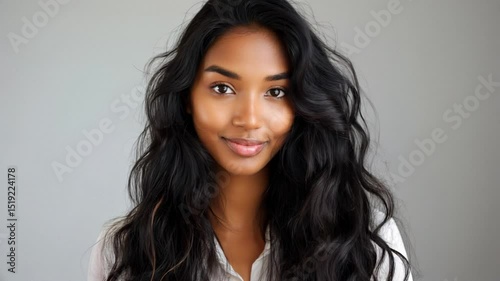 Smiling woman with voluminous wavy hair and glowing skin stands in front of a plain light background