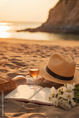 Sun hat on the beach wine and sunset.