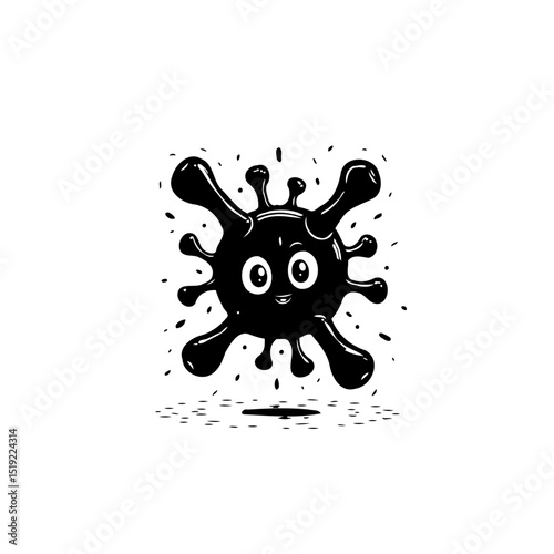Cartoonish black and white depiction of a germ with expressive eyes and splash effect