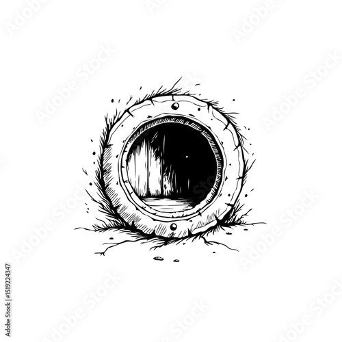 Mysterious Round Doorway: A Hand-Drawn Ink Sketch of a Fantasy Portal