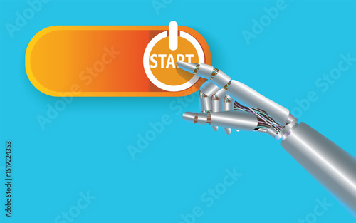  robotic arm looks like a human hand, cybernetic creature with artificial intelligence turn on  the start button. Concept of start up  and technology. vector,illustration