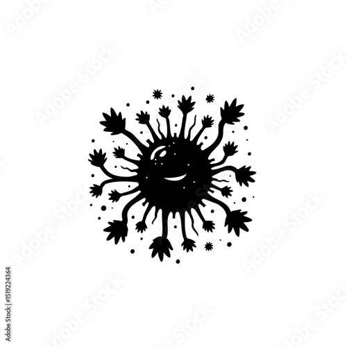 Stylized Virus Illustration with a Cheerful Expression in Black and White Scheme